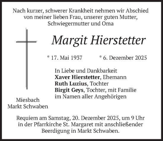 Traueranzeige von Margit Hierstetter von merkurtz