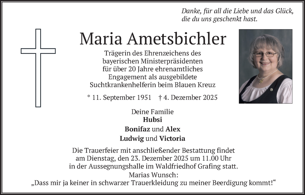  Traueranzeige für Maria Ametsbichler vom 20.12.2025 aus merkurtz
