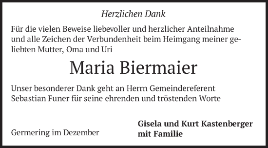 Traueranzeige von Maria Biermaier von merkurtz