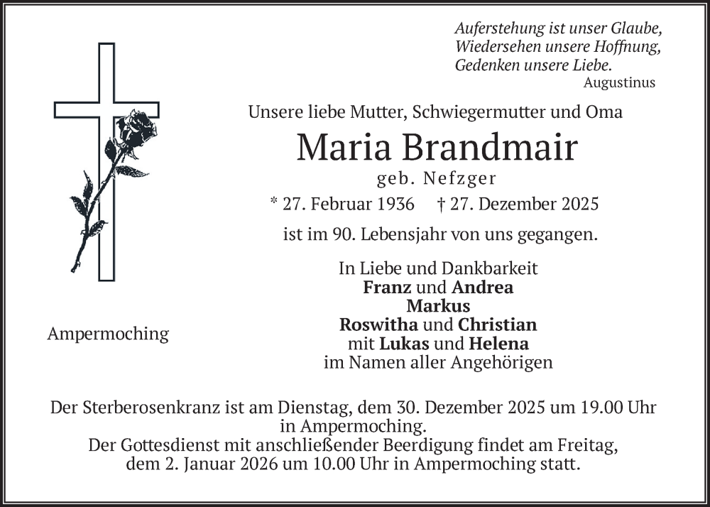 Traueranzeige für Maria Brandmair vom 30.12.2025 aus merkurtz