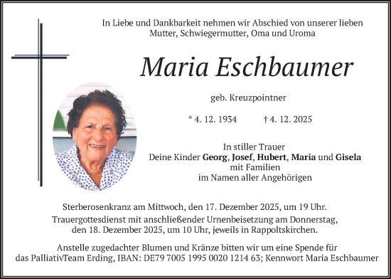 Traueranzeige von Maria Eschbaumer von merkurtz