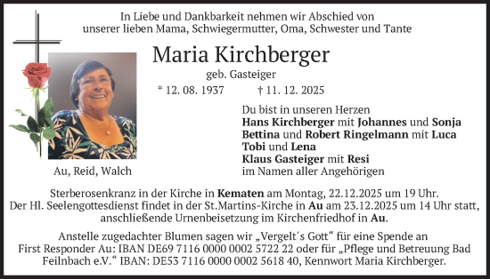 Traueranzeige von Maria Kirchberger von merkurtz