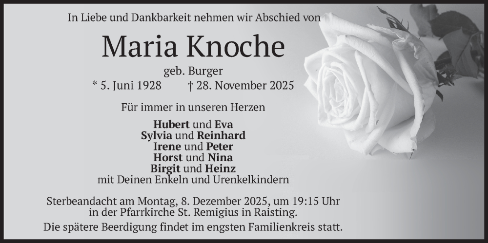  Traueranzeige für Maria Knoche vom 05.12.2025 aus merkurtz