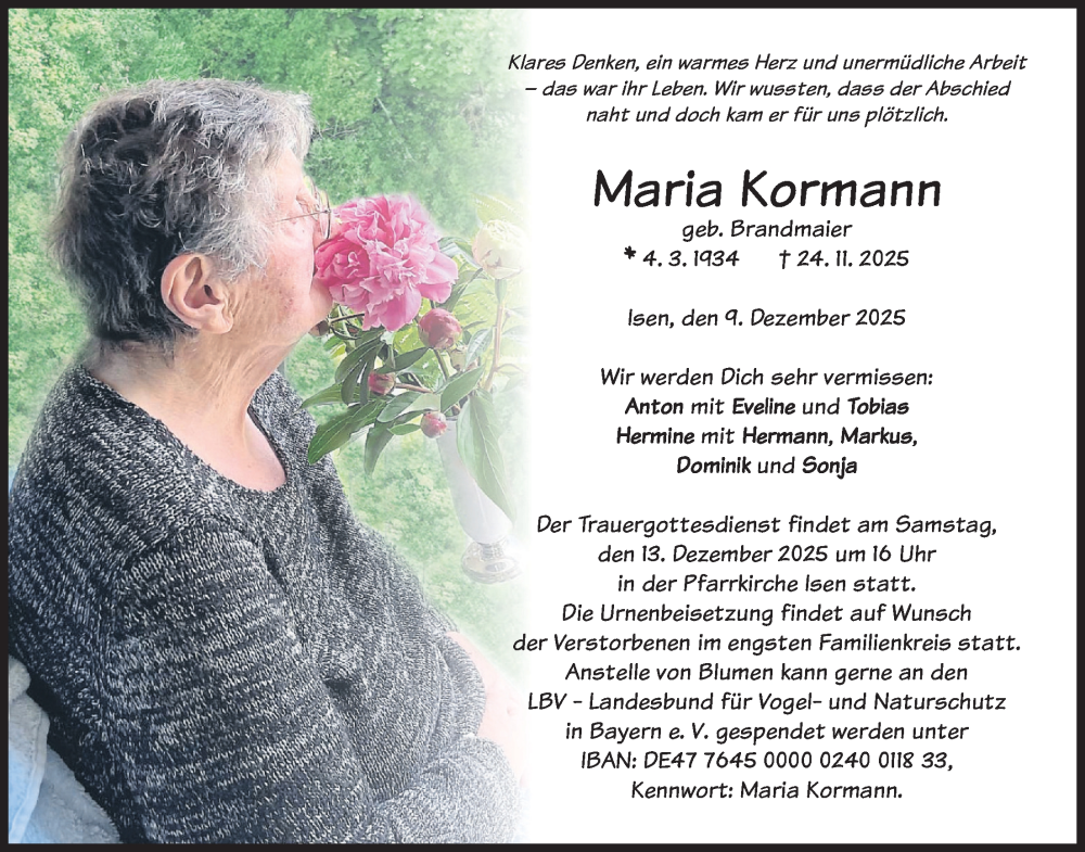  Traueranzeige für Maria Kormann vom 09.12.2025 aus merkurtz