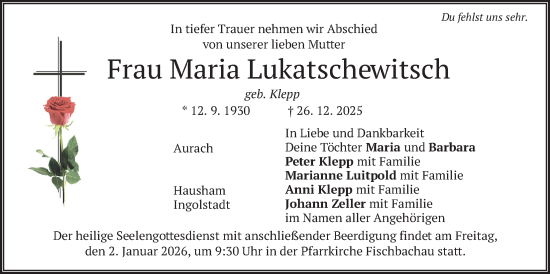 Traueranzeige von Maria Lukatschewitsch von merkurtz