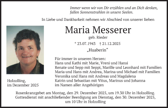 Traueranzeige von Maria Messerer von merkurtz