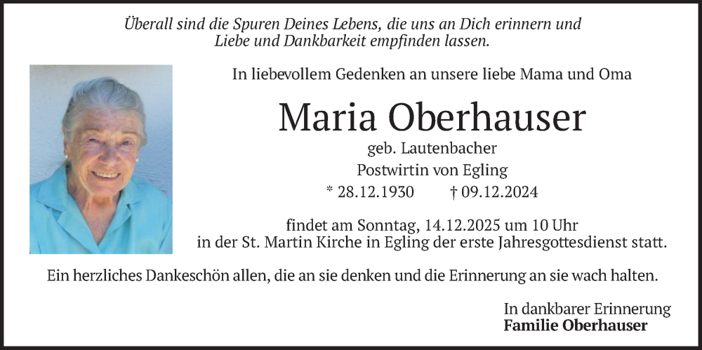  Traueranzeige für Maria Oberhauser vom 06.12.2025 aus merkurtz