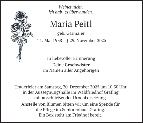Traueranzeige von Maria Peitl von merkurtz