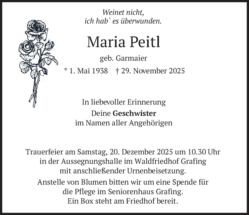  Traueranzeige für Maria Peitl vom 13.12.2025 aus merkurtz