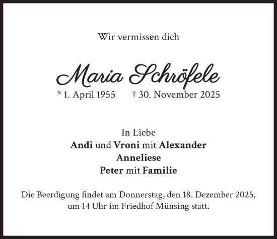 Traueranzeige von Maria Schröfele von merkurtz