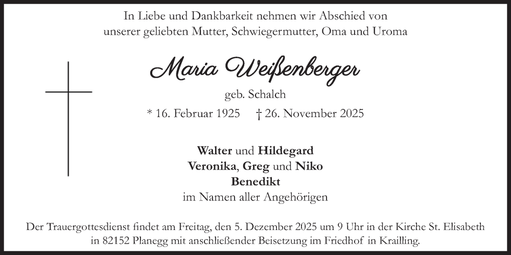  Traueranzeige für Maria Weißenberger vom 02.12.2025 aus merkurtz