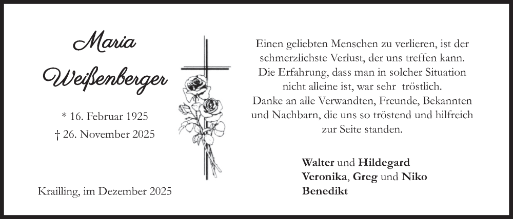  Traueranzeige für Maria Weißenberger vom 13.12.2025 aus merkurtz