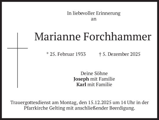 Traueranzeige von Marianne Forchhammer von merkurtz