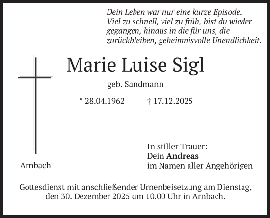Traueranzeige von Marie Luise Sigl von merkurtz