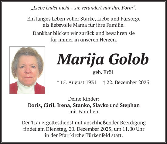 Traueranzeige von Marija Golob von merkurtz