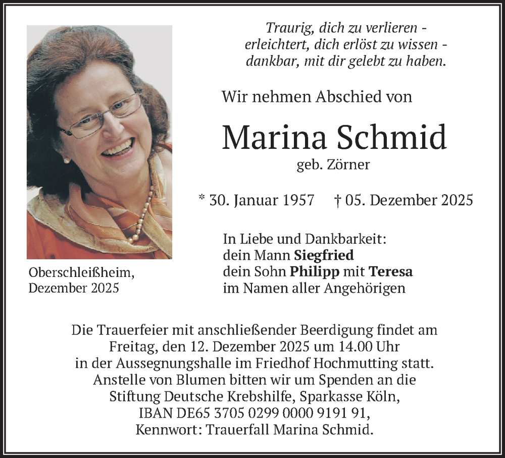 Traueranzeige für Marina Schmid vom 11.12.2025 aus merkurtz