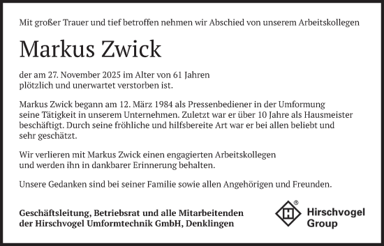 Traueranzeige von Markus Zwick von merkurtz
