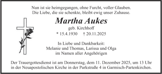 Traueranzeige von Martha Aukes von merkurtz