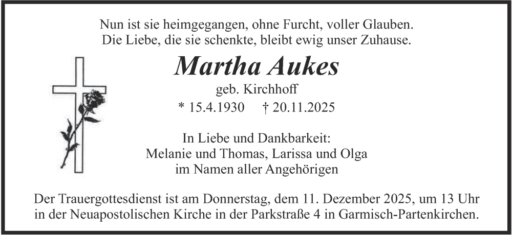  Traueranzeige für Martha Aukes vom 06.12.2025 aus merkurtz