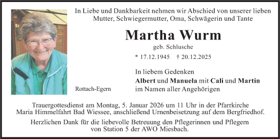 Traueranzeige von Martha Wurm von merkurtz