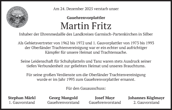 Traueranzeige von Martin Fritz von merkurtz