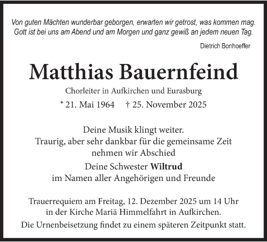 Traueranzeige von Matthias Bauernfeind von merkurtz