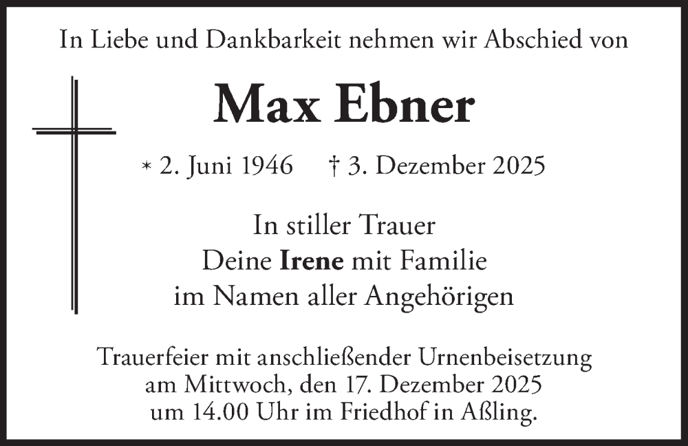  Traueranzeige für Max Ebner vom 13.12.2025 aus merkurtz