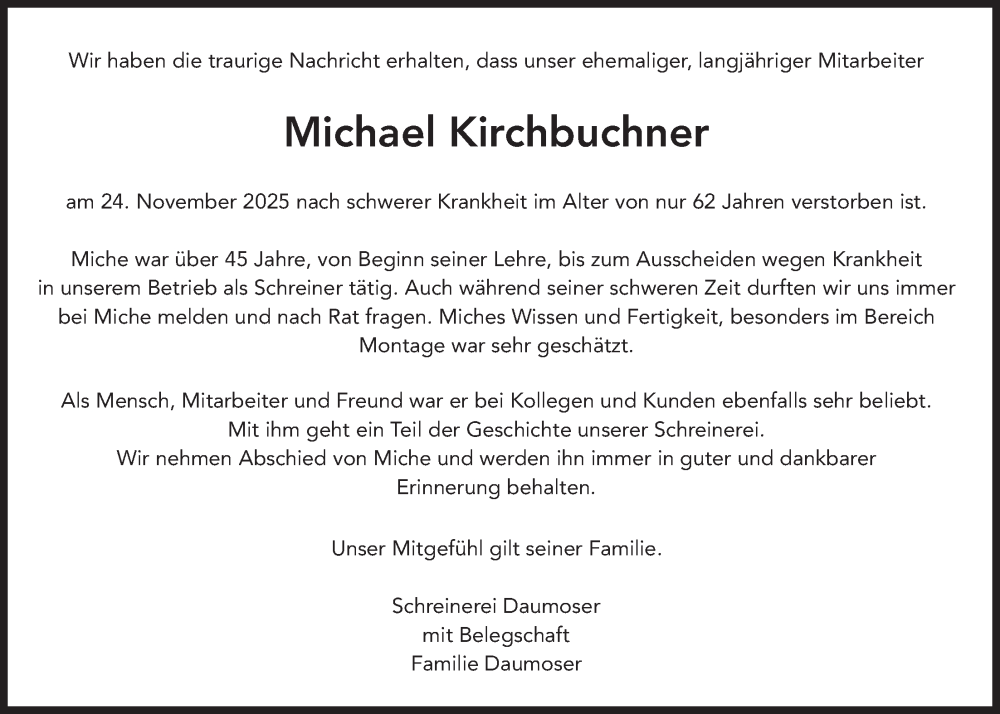  Traueranzeige für Michael Kirchbuchner vom 06.12.2025 aus merkurtz