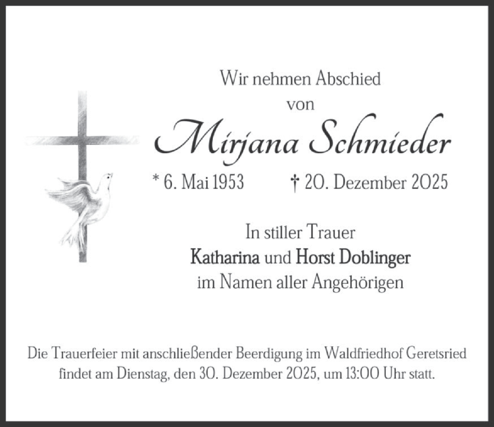  Traueranzeige für Mirjana Schmieder vom 27.12.2025 aus merkurtz