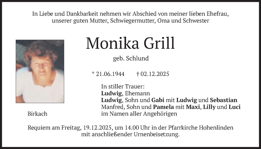  Traueranzeige für Monika Grill vom 17.12.2025 aus merkurtz