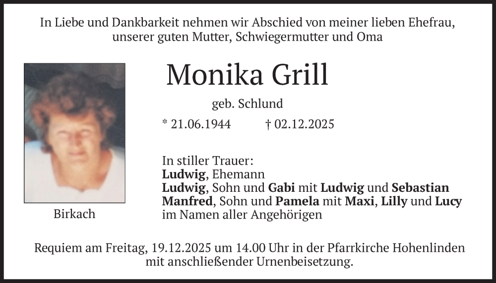  Traueranzeige für Monika Grill vom 16.12.2025 aus merkurtz