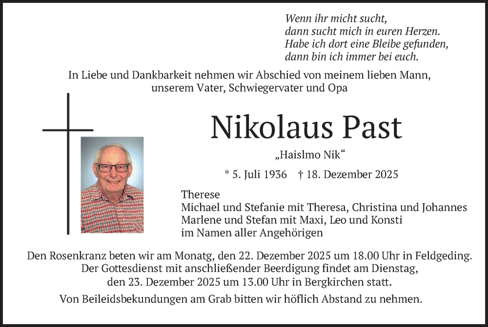  Traueranzeige für Nikolaus Past vom 20.12.2025 aus merkurtz