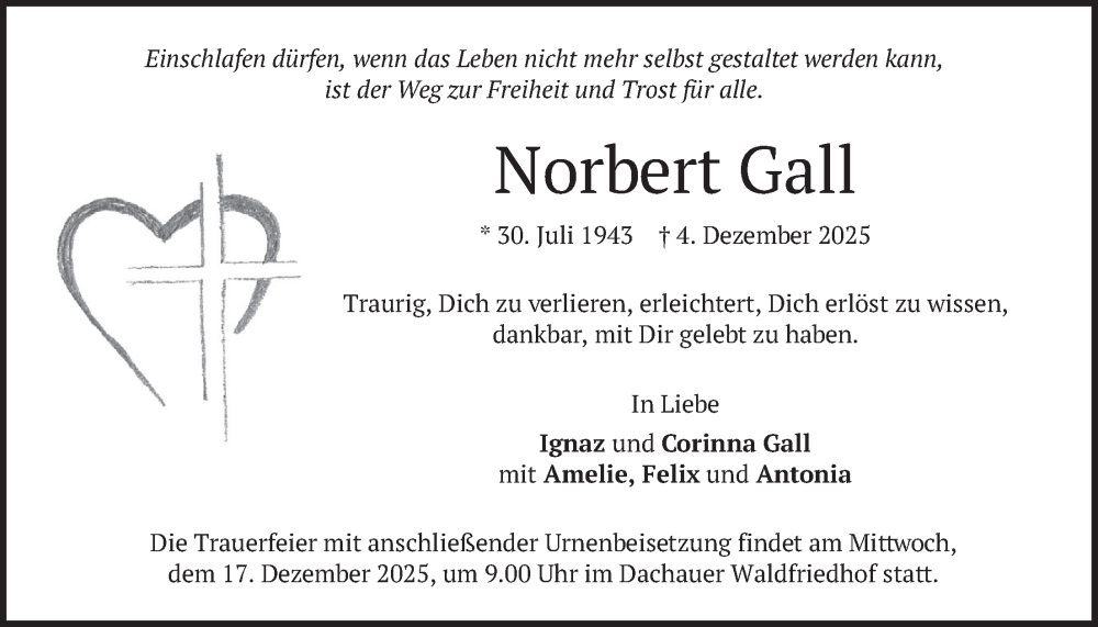  Traueranzeige für Norbert Gall vom 13.12.2025 aus merkurtz