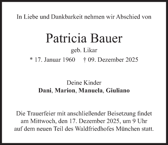 Traueranzeige von Patricia Bauer von merkurtz