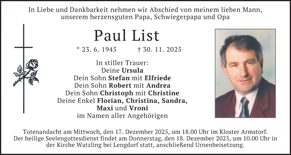  Traueranzeige für Paul List vom 15.12.2025 aus merkurtz