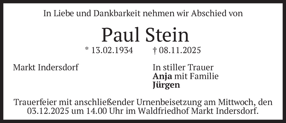  Traueranzeige für Paul Stein vom 02.12.2025 aus merkurtz