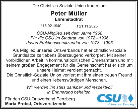 Traueranzeige von Peter Müller von Das Gelbe Blatt Penzberg