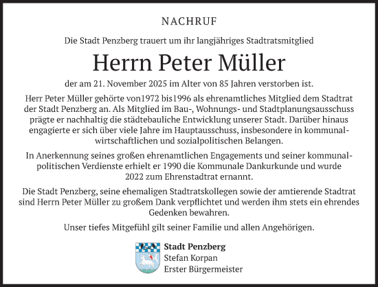Traueranzeige von Peter Müller von Das Gelbe Blatt Penzberg