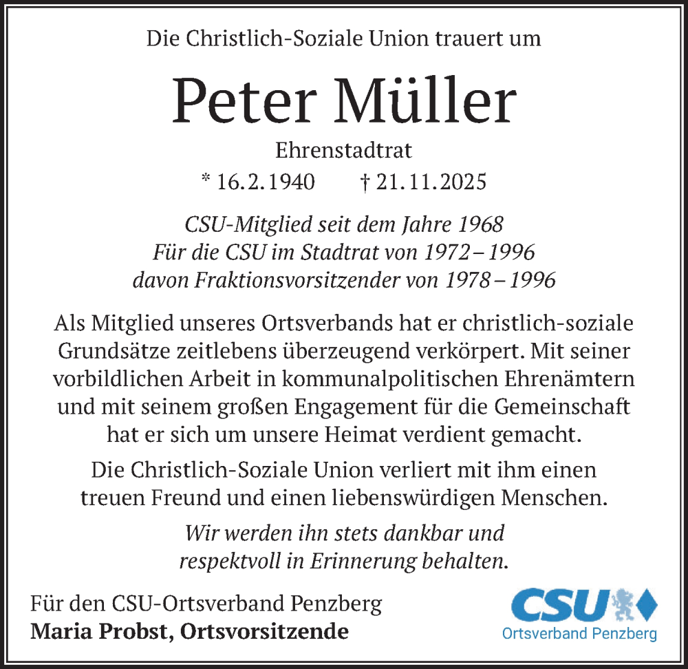  Traueranzeige für Peter Müller vom 12.12.2025 aus merkurtz