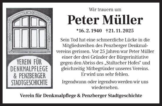 Traueranzeige von Peter Müller von Das Gelbe Blatt Penzberg
