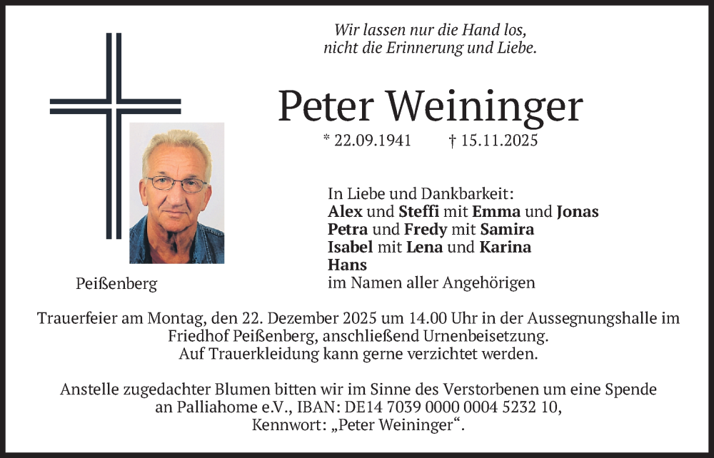  Traueranzeige für Peter Weininger vom 13.12.2025 aus merkurtz
