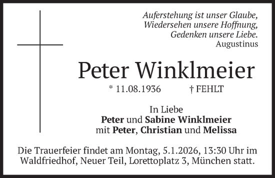 Traueranzeige von Peter Winklmeier von merkurtz