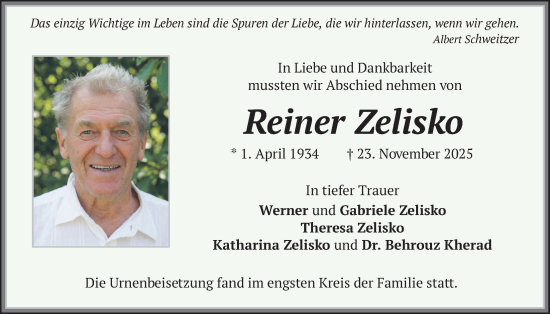 Traueranzeige von Reiner Zelisko von merkurtz