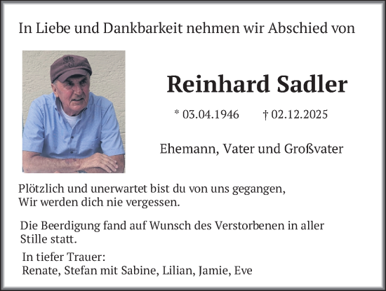 Traueranzeige von Reinhard Sadler von merkurtz
