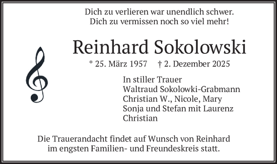 Traueranzeige von Reinhard Sokolowski von merkurtz