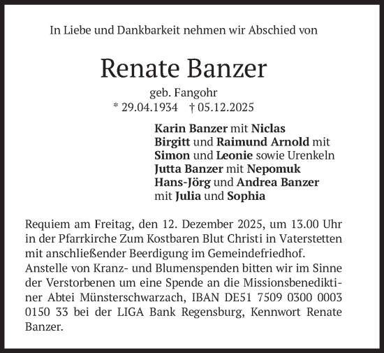 Traueranzeige von Renate Banzer von merkurtz