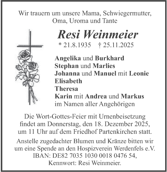 Traueranzeige von Resi Weinmeier von merkurtz