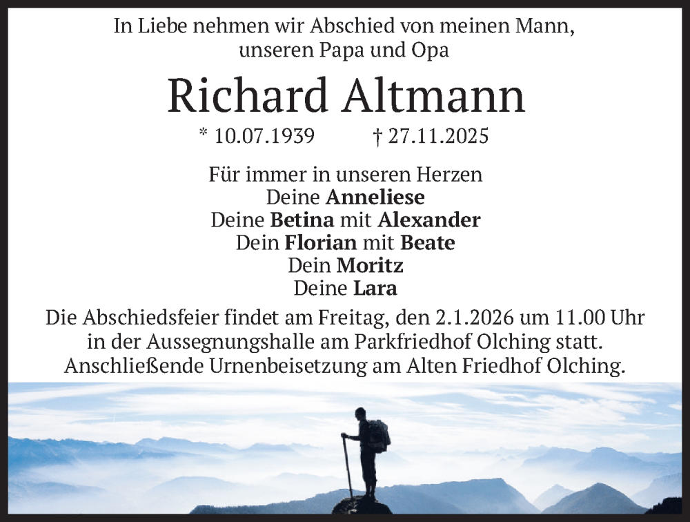  Traueranzeige für Richard Altmann vom 20.12.2025 aus merkurtz