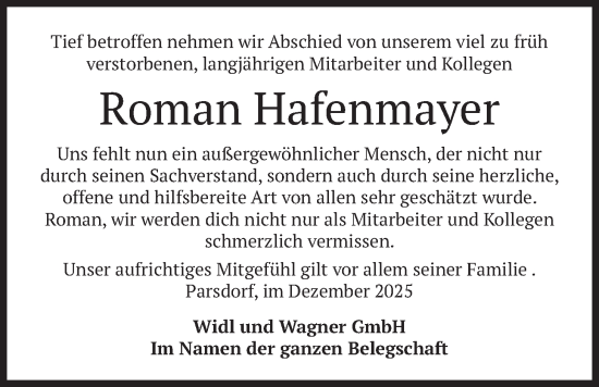 Traueranzeige von Roman Hafenmayer von merkurtz