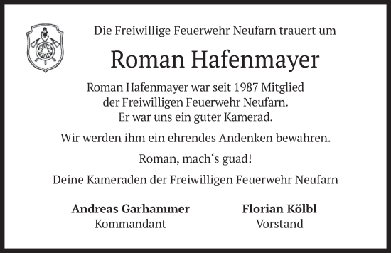 Traueranzeige von Roman Hafenmayer von merkurtz
